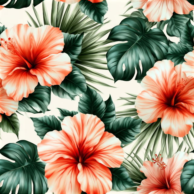 Coral-Orange Hibiscus and Monstera Leaves Seamless Pattern