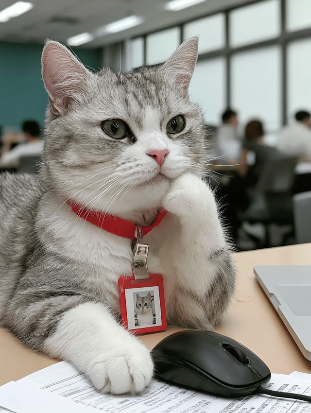 Corporate Cat: Thoughtful Gray Tabby at Office Desk