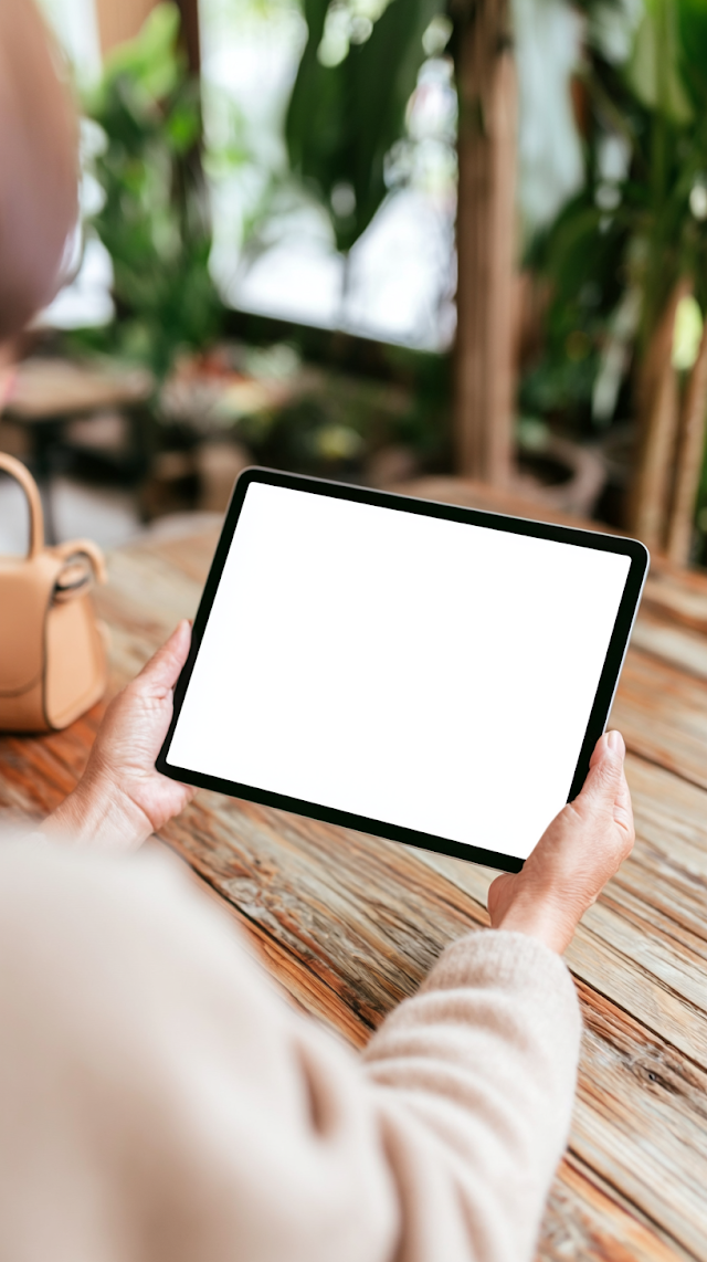 Cozy Cafe Lifestyle: Woman with Blank Tablet