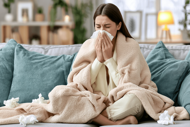 Cozy Indoor Scene of a Young Woman Feeling Unwell