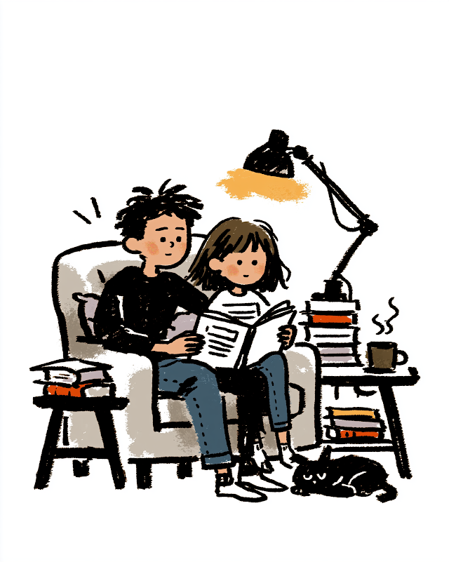 Cozy Reading Scene with Children and Cat