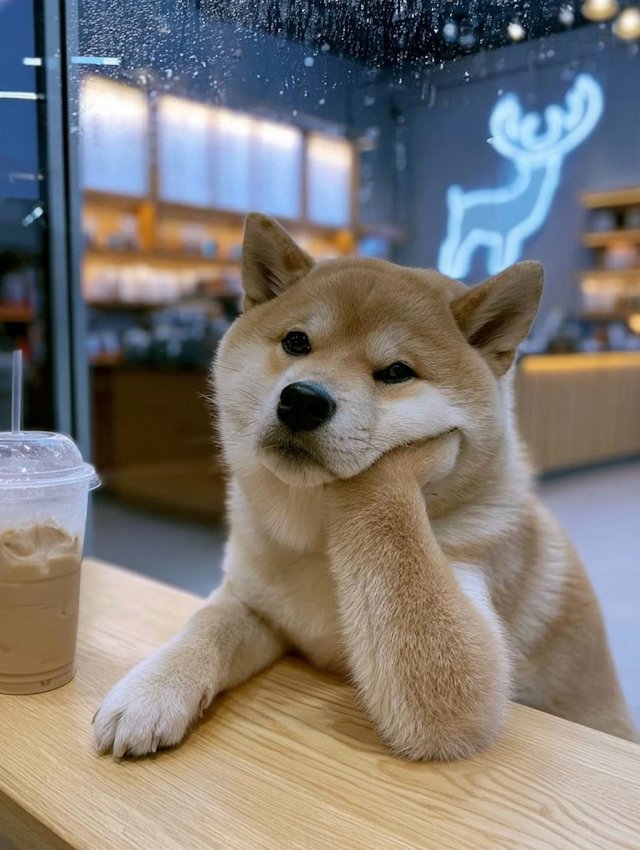 Cozy Shiba Inu in a Modern Cafe