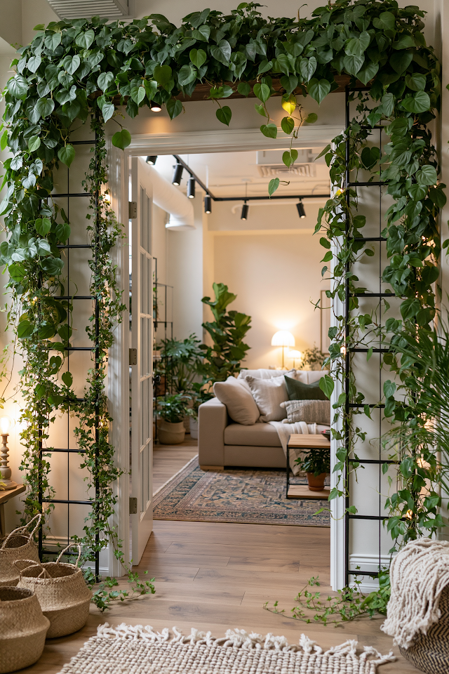 Cozy Urban Jungle: Ivy-Covered Doorway to Modern Living Room