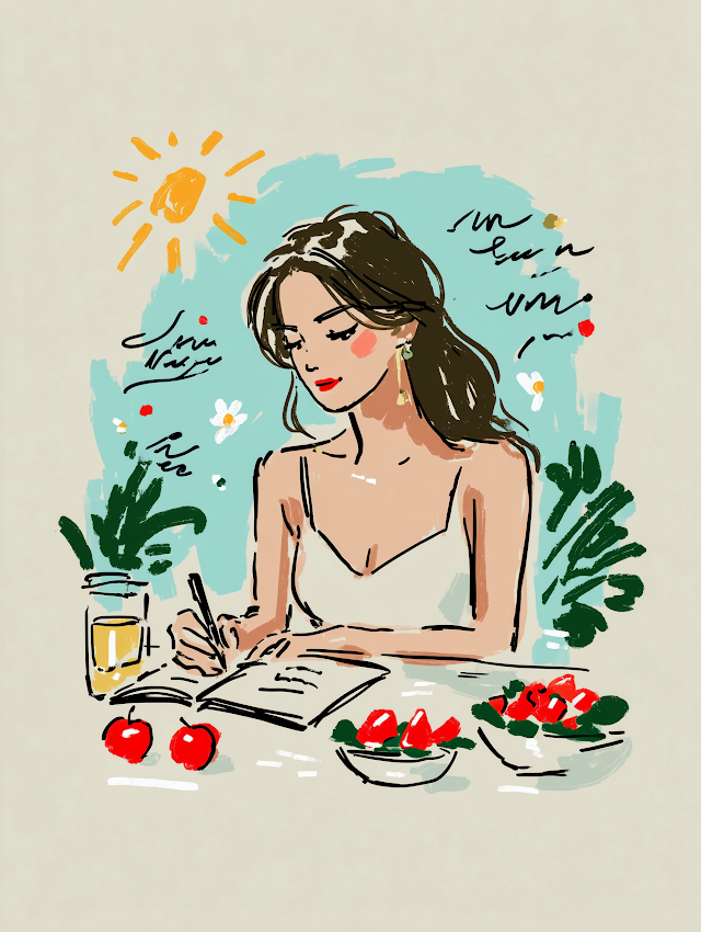 Creative Woman Journaling in a Sunlit Summer Atmosphere