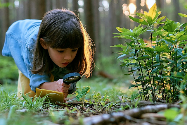 Curious Girl Exploring Nature with Magnifying Glass