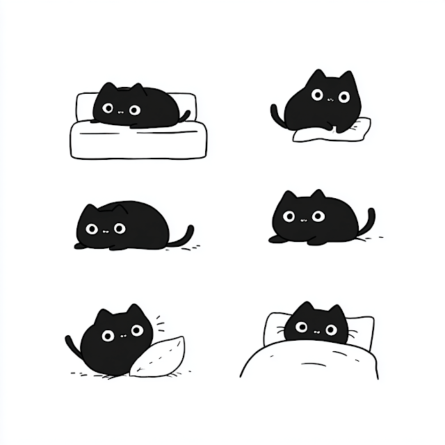 Cute Black Cat Vector Icons Set