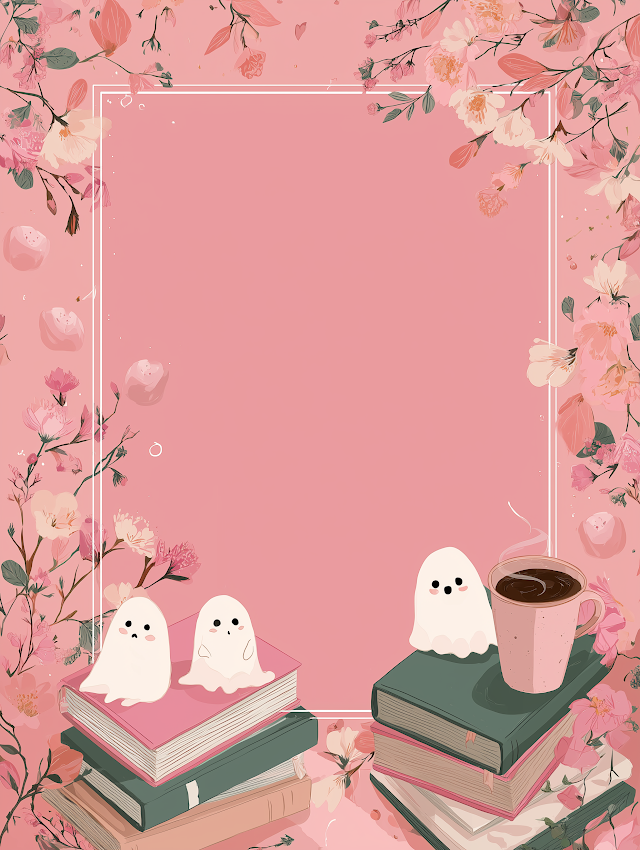 Cute Ghosts with Books and Coffee Illustration