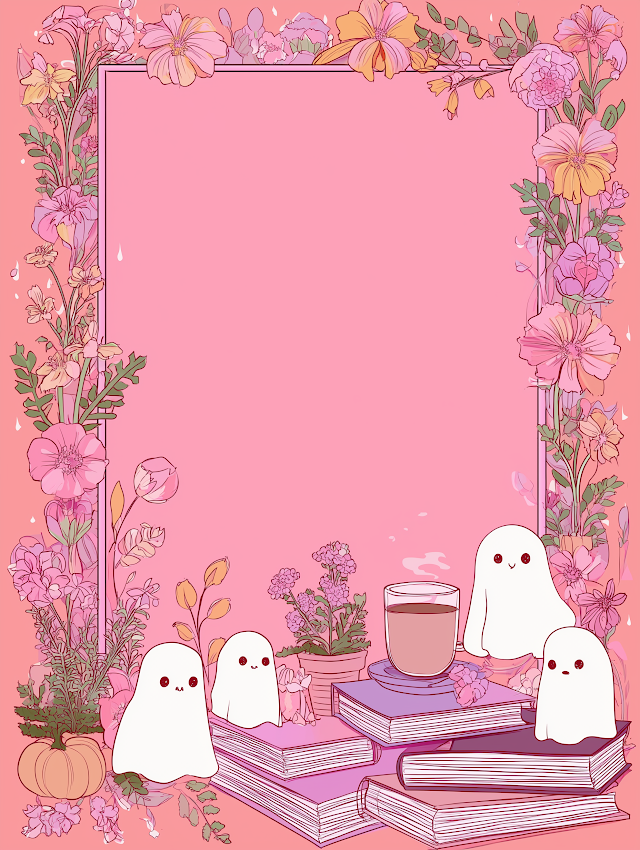 Cute Spring Ghosts Illustration with Floral Frame