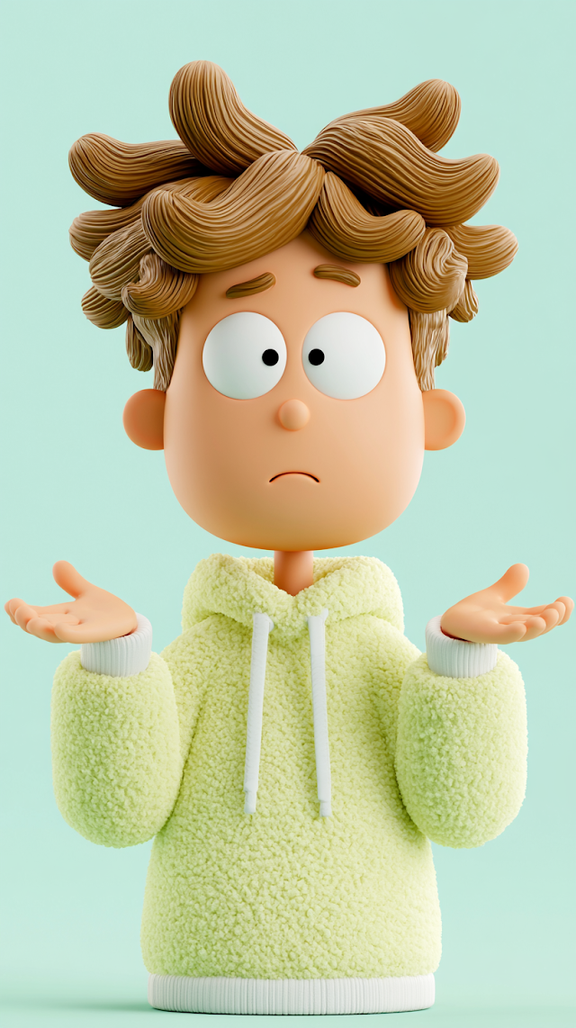 Cute Stylized 3D Cartoon Boy with Uncertain Expression