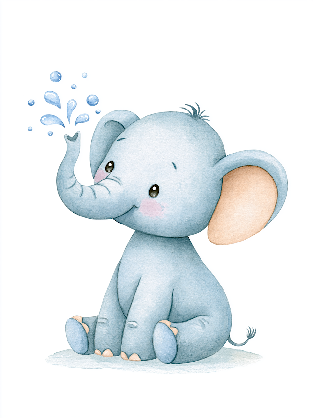 Cute Watercolor Baby Elephant Spraying Water