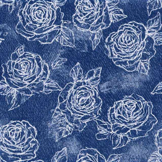 Dark Indigo Blue Denim with White Rose Embroidery