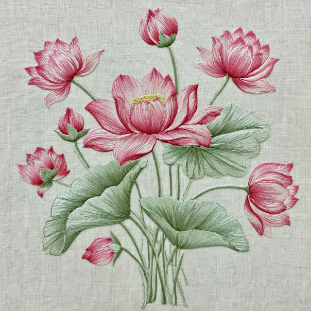Delicate Botanical Embroidery of Pink Lotus Flowers