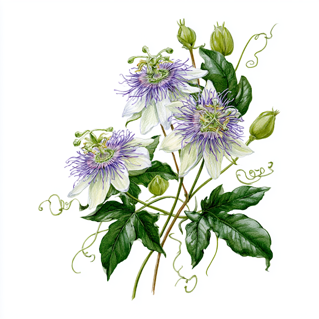 Delicate Botanical Illustration of Climbing Passion Flower Vine