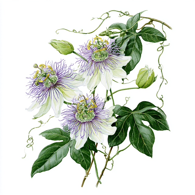 Delicate Botanical Illustration of Climbing Passion Flower Vine
