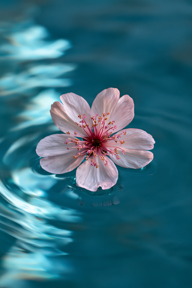 Delicate Cherry Blossom Floating on Blue Water