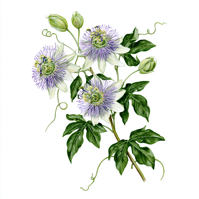 Delicate Climbing Passion Flower Vine Illustration