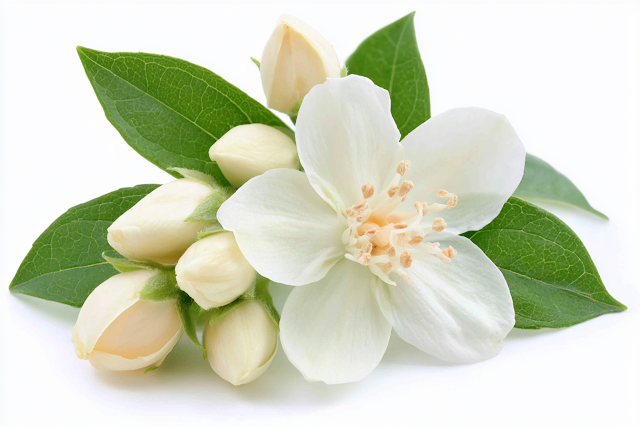 Delicate Jasmine Blossom with Buds and Green Leaves