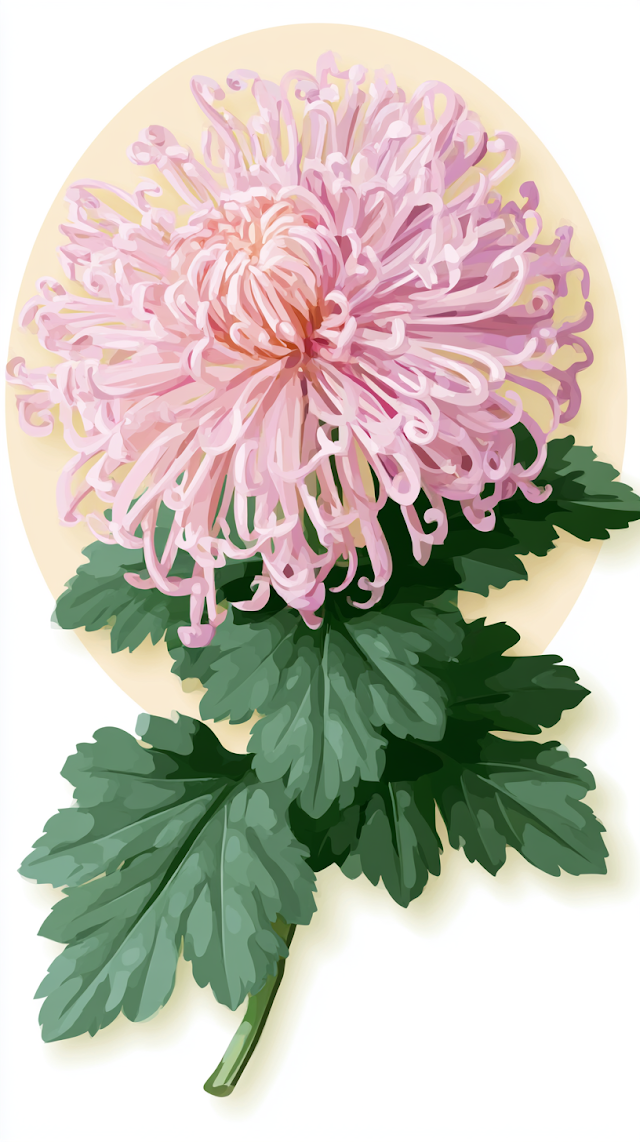Delicate Pale Pink Chrysanthemum Bloom with Green Leaves
