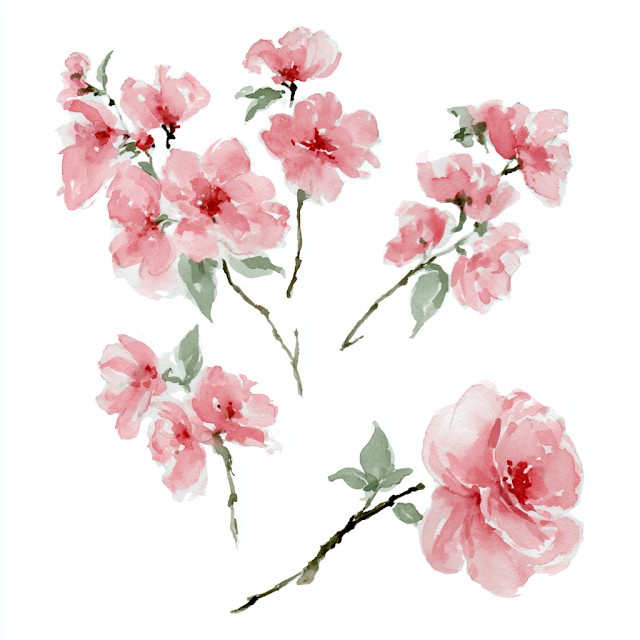 Delicate Pink Flower Sprigs Watercolor Illustration