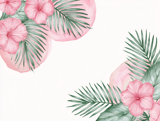 Delicate Tropical Botanical Frame with Hibiscus and Palm Fronds