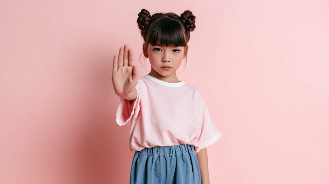 Determined Young Girl in Pastel Pink Studio Portrait