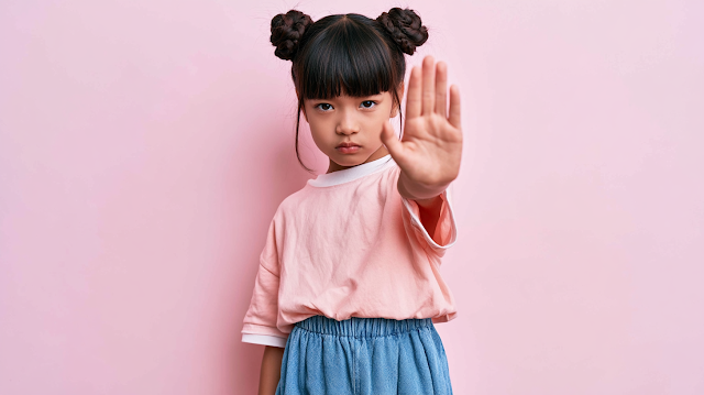 Determined Young Girl in Pastel Pink Studio Portrait