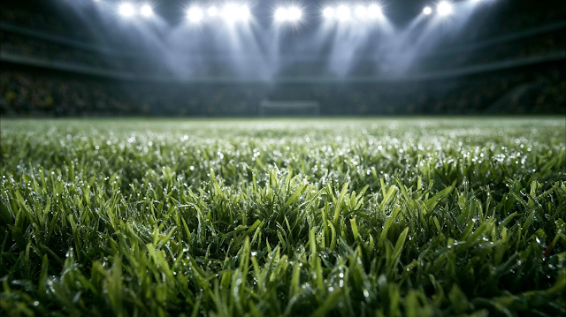 Dewy Soccer Field Under Stadium Lights