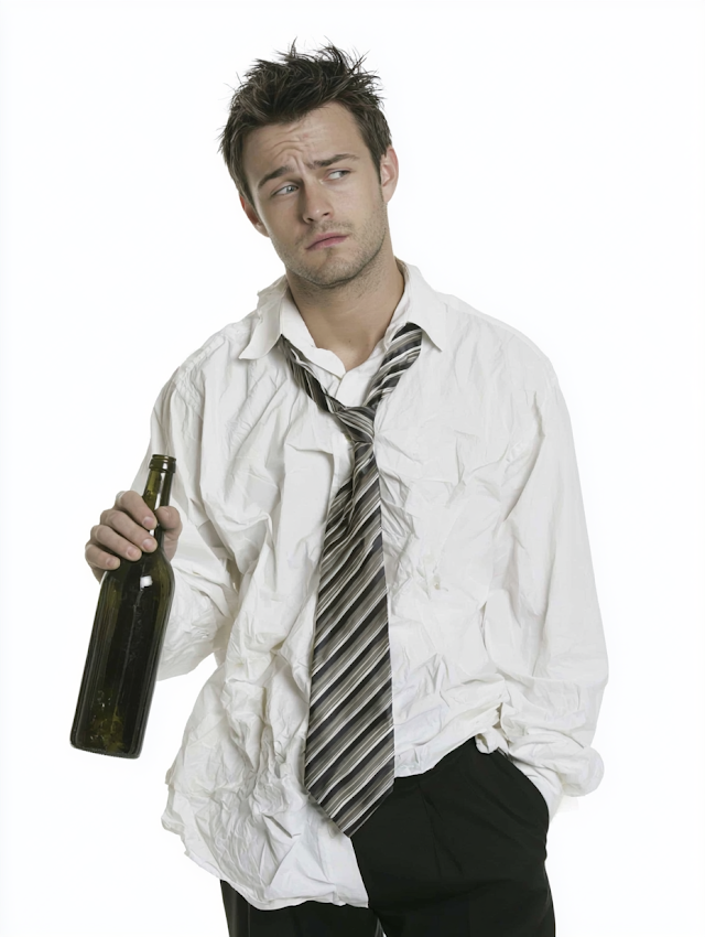 Disheveled Young Adult Man with Wine Bottle