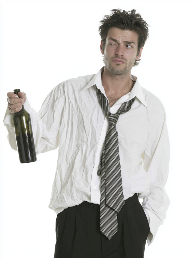 Disheveled Young Businessman with Wine Bottle