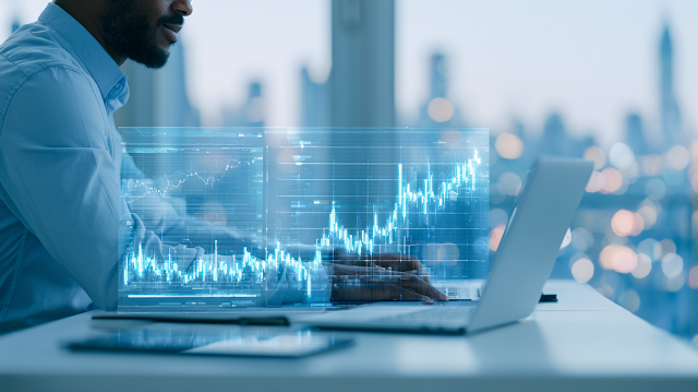 Diverse Analyst in Fintech Workspace Analyzing Financial Growth Data
