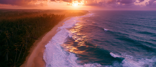 Dramatic Aerial View of Tropical Beach at Sunset