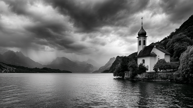 Dramatic Black and White Alpine Church by Lake Lucerne