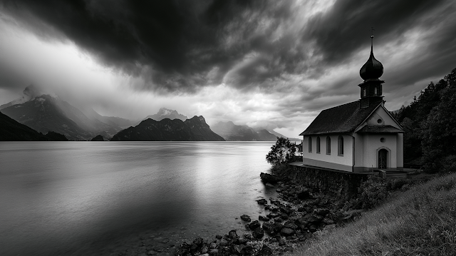 Dramatic Black and White Landscape of Alpine Church by Lake Lucerne