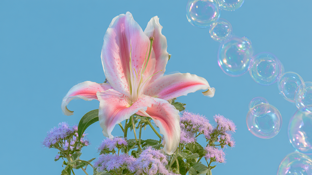 Dreamlike Bloom of an Oriental Lily with Soap Bubbles