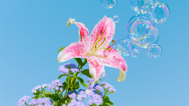 Dreamy Pink and White Oriental Lily with Soaring Bubbles