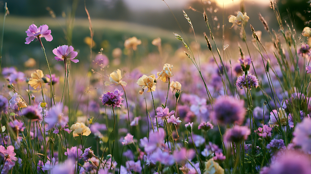 Dreamy Spring Wildflower Meadow at Golden Hour