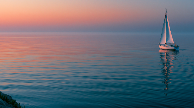 Dreamy Sunset Over Calm Ocean with Sailboat