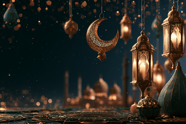Eid Al-Adha Celebration Scene with Crescent Moon and Lanterns