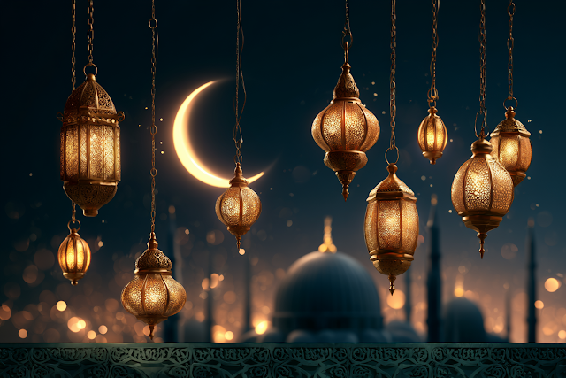 Eid Al-Adha Celebration with Lanterns and Crescent Moon