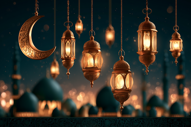 Eid Al-Adha Festive Glow with Crescent Moon and Lanterns