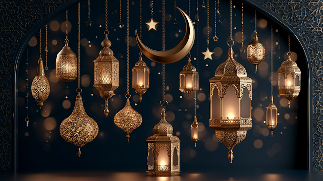 Eid Al-Adha Festive Scene with Lanterns and Moon