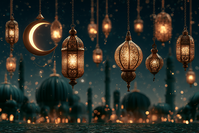 Eid Al-Adha Festive Scene with Lanterns and Moon