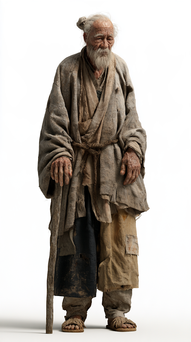 Elderly Solitary Figure in Traditional Chinese Attire