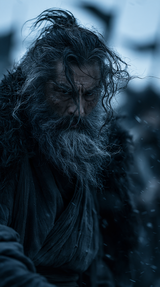 Elderly Warrior in Stormy Landscape