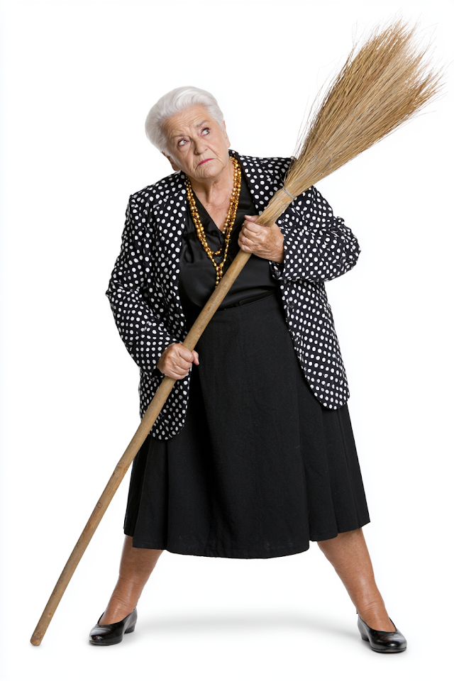 Elderly Woman with Broom in Confident Stance