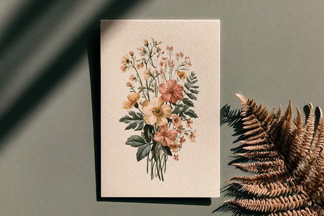 Elegant Antique Botanical Illustration of Wildflowers and Ferns