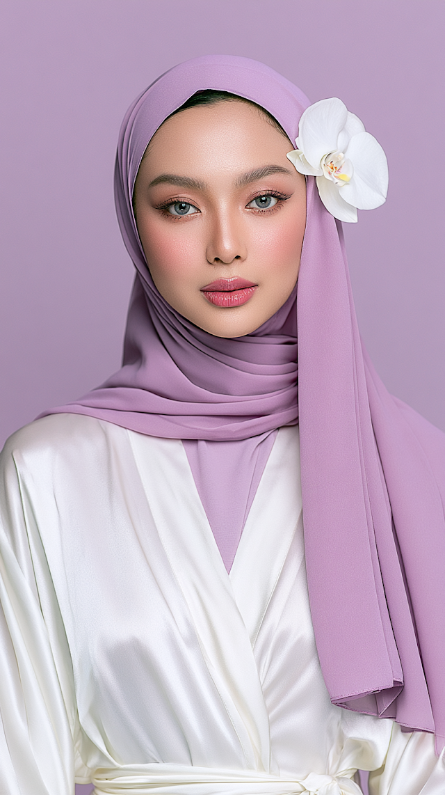 Elegant Beauty Portrait of Young Woman in Lavender Hijab