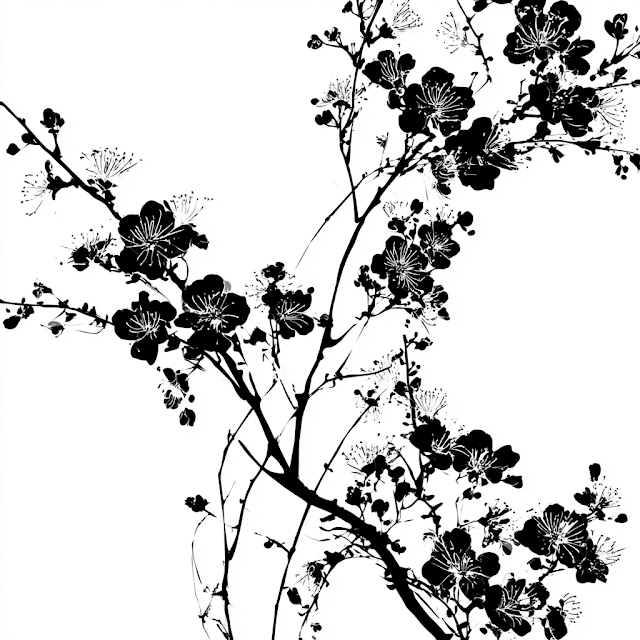 Elegant Black and White Botanical Illustration of Cherry Blossom Branches