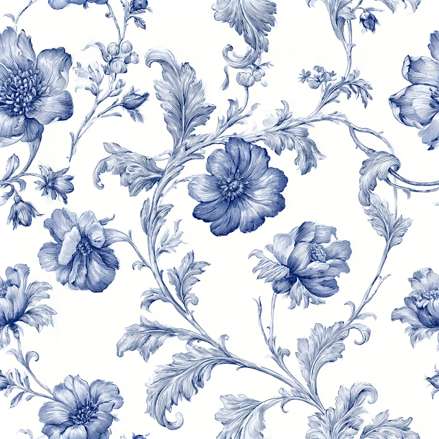 Elegant Blue and White Botanical Toile Pattern