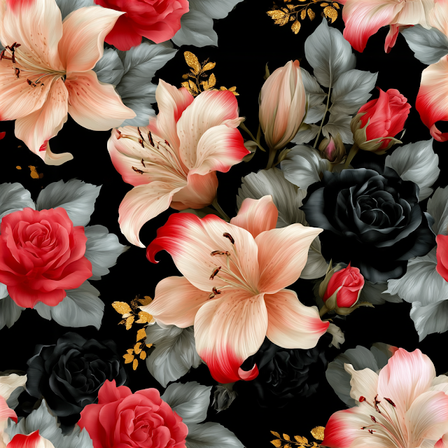 Elegant Botanical Floral Pattern with Lilies and Roses